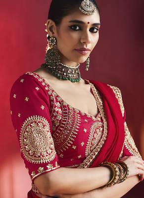 red silk blend saree with gold embroidered border & designer blouse 4