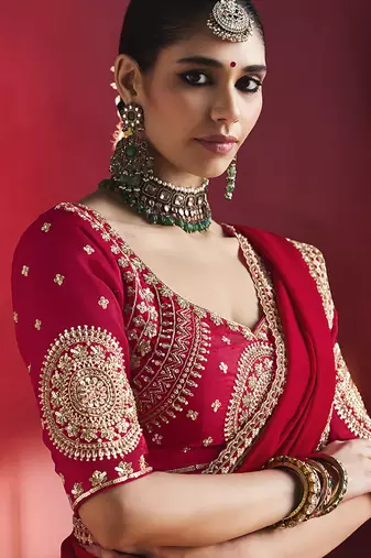 red silk blend saree with gold embroidered border & designer blouse
