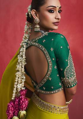lime green silk blend saree with bottle green embroidered blouse & zari border 2