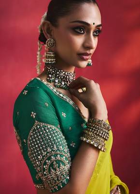 lime green silk blend saree with bottle green embroidered blouse & zari border 3