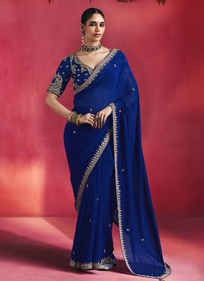 royal blue silk blend saree with gold embroidered border & designer blouse 1