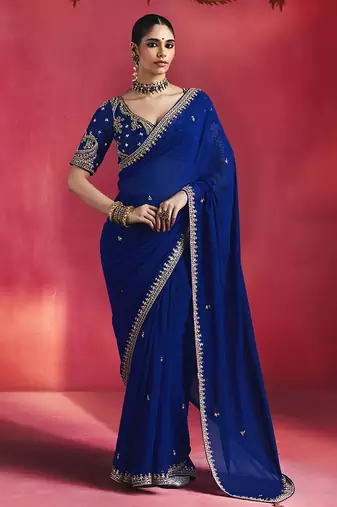 royal blue silk blend saree with gold embroidered border & designer blouse