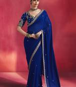 royal blue silk blend saree with gold embroidered border & designer blouse