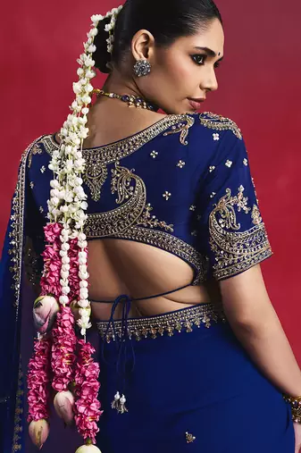 royal blue silk blend saree with gold embroidered border & designer blouse