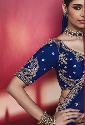 royal blue silk blend saree with gold embroidered border & designer blouse 3