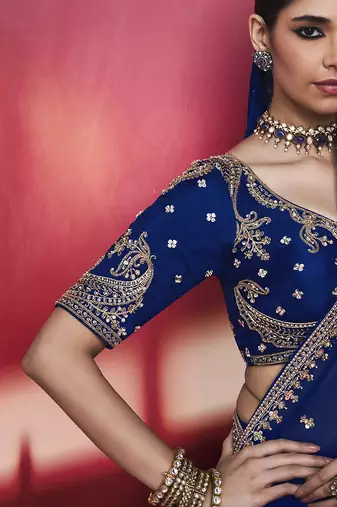 royal blue silk blend saree with gold embroidered border & designer blouse