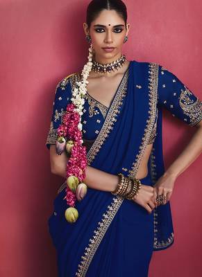 royal blue silk blend saree with gold embroidered border & designer blouse 4