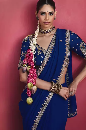 royal blue silk blend saree with gold embroidered border & designer blouse