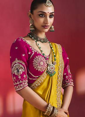 mustard yellow silk blend saree with rani pink embroidered blouse & zari border 2