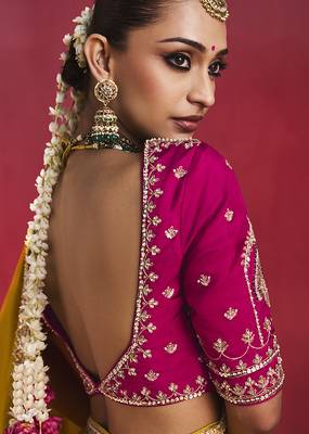 mustard yellow silk blend saree with rani pink embroidered blouse & zari border 3