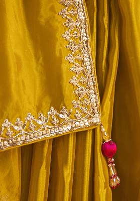 mustard yellow silk blend saree with rani pink embroidered blouse & zari border 4