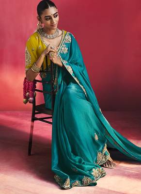 teal blue silk blend saree with yellow embroidered blouse & zari border 3