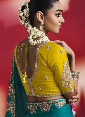 teal blue silk blend saree with yellow embroidered blouse & zari border 4