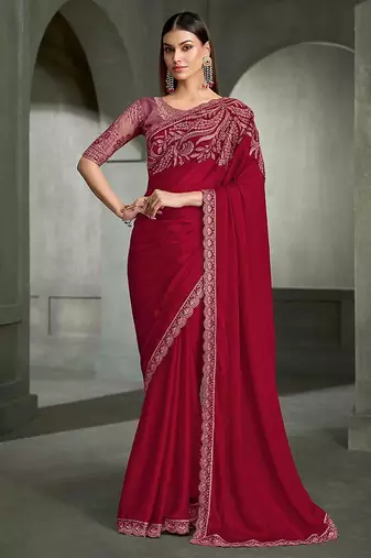 cherry red faux chiffon embroidered saree with blouse piece