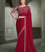 cherry red faux chiffon embroidered saree with blouse piece