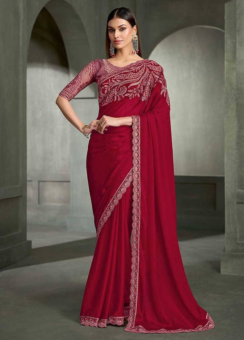 cherry red faux chiffon embroidered saree with blouse piece