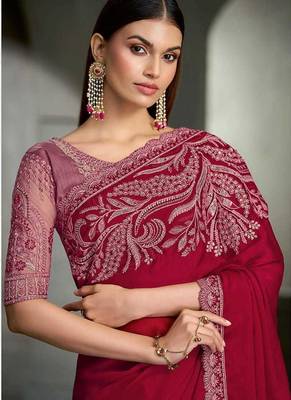 cherry red faux chiffon embroidered saree with blouse piece 2