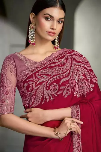 cherry red faux chiffon embroidered saree with blouse piece