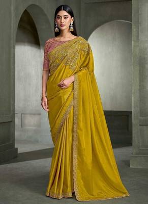 mustard yellow faux crepe embroidered saree with onion pink blouse 1