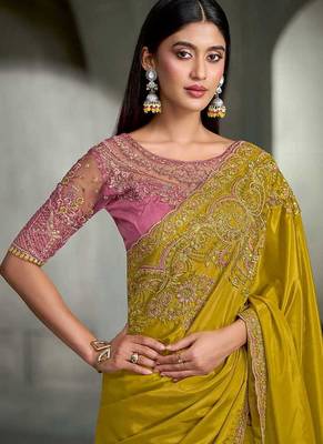 mustard yellow faux crepe embroidered saree with onion pink blouse 2