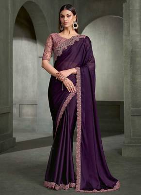 dark purple faux chiffon embroidered saree with blouse piece 1