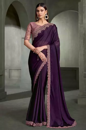 dark purple faux chiffon embroidered saree with blouse piece