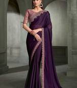 dark purple faux chiffon embroidered saree with blouse piece