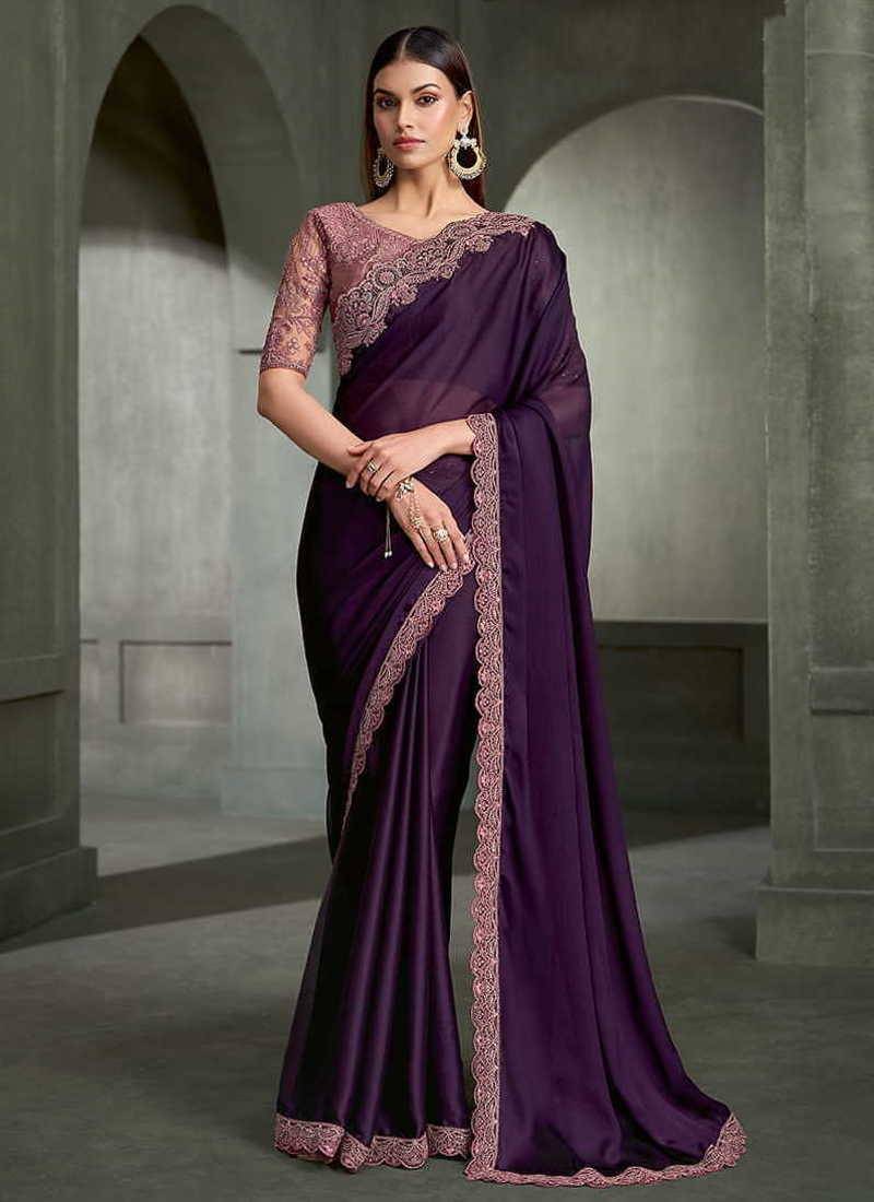 dark purple faux chiffon embroidered saree with blouse piece