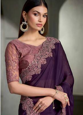 dark purple faux chiffon embroidered saree with blouse piece 2
