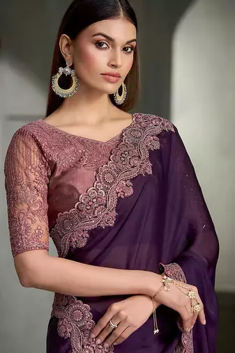 dark purple faux chiffon embroidered saree with blouse piece