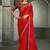 red and orange shaded faux chiffon saree with zari embroidered blouse