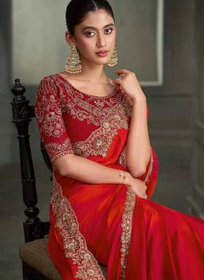 red and orange shaded faux chiffon saree with zari embroidered blouse 2