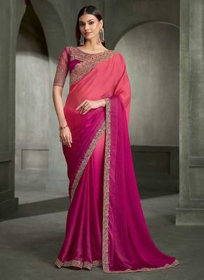 dual-tone peach and magenta faux chiffon saree with zari embroidered blouse 1
