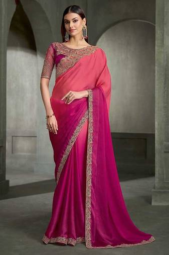 dual-tone peach and magenta faux chiffon saree with zari embroidered blouse