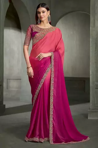 dual-tone peach and magenta faux chiffon saree with zari embroidered blouse