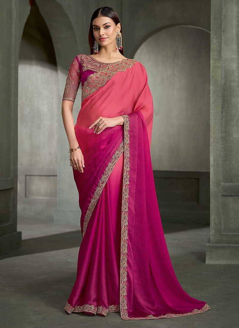dual-tone peach and magenta faux chiffon saree with zari embroidered blouse