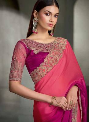 dual-tone peach and magenta faux chiffon saree with zari embroidered blouse 2