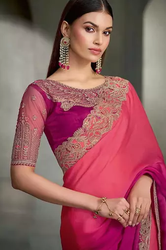 dual-tone peach and magenta faux chiffon saree with zari embroidered blouse