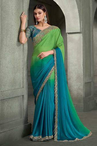 lime green and teal blue faux chiffon saree with teal embroidered blouse