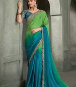 lime green and teal blue faux chiffon saree with teal embroidered blouse