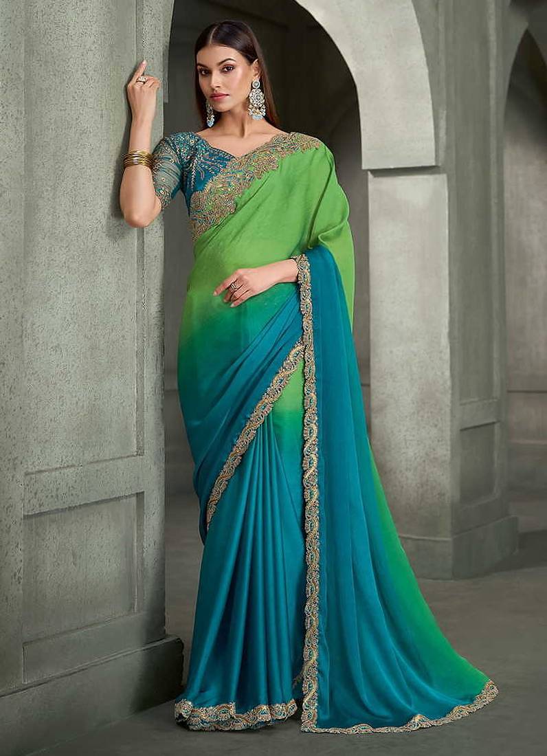 lime green and teal blue faux chiffon saree with teal embroidered blouse
