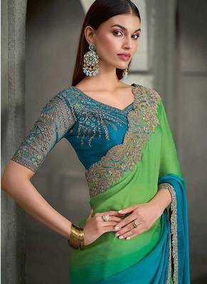 lime green and teal blue faux chiffon saree with teal embroidered blouse 2
