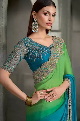 lime green and teal blue faux chiffon saree with teal embroidered blouse