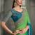 lime green and teal blue faux chiffon saree with teal embroidered blouse