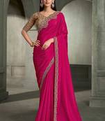 rani pink faux crepe saree with embroidered border and blouse