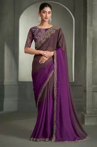 dual-tone coffee brown and magenta purple faux chiffon saree with embroidered blouse
