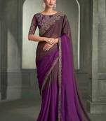 dual-tone coffee brown and magenta purple faux chiffon saree with embroidered blouse