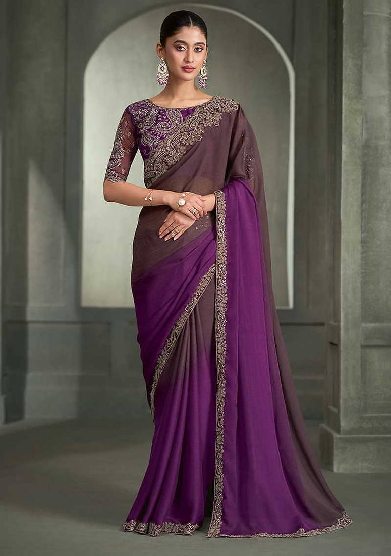 dual-tone coffee brown and magenta purple faux chiffon saree with embroidered blouse
