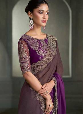 dual-tone coffee brown and magenta purple faux chiffon saree with embroidered blouse 2