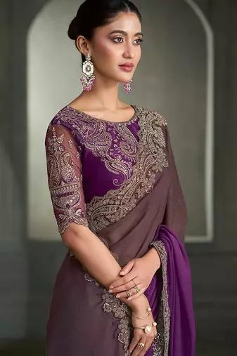 dual-tone coffee brown and magenta purple faux chiffon saree with embroidered blouse